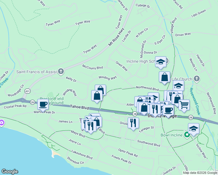 map of restaurants, bars, coffee shops, grocery stores, and more near 466 Winding Way in Incline Village