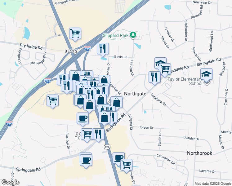 map of restaurants, bars, coffee shops, grocery stores, and more near 9881 Capstan Drive in Cincinnati
