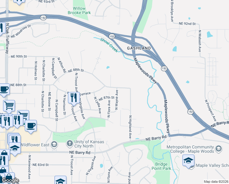 map of restaurants, bars, coffee shops, grocery stores, and more near 8715 North Wayne Avenue in Kansas City