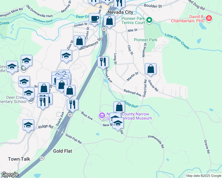 map of restaurants, bars, coffee shops, grocery stores, and more near 420 Railroad Avenue in Nevada City