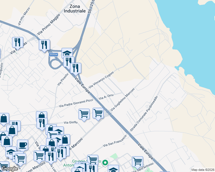 map of restaurants, bars, coffee shops, grocery stores, and more near 2 Via dei Maestri del Lavoro in Quartu Sant'Elena