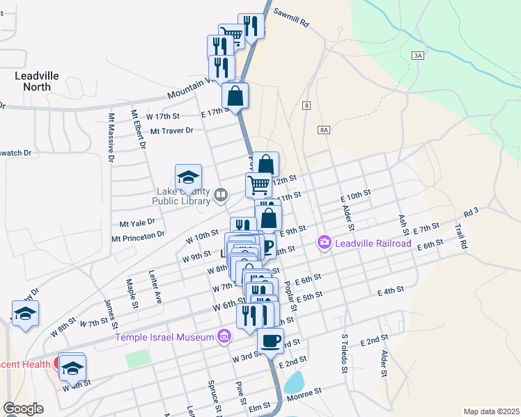 map of restaurants, bars, coffee shops, grocery stores, and more near 1107 Poplar Street in Leadville