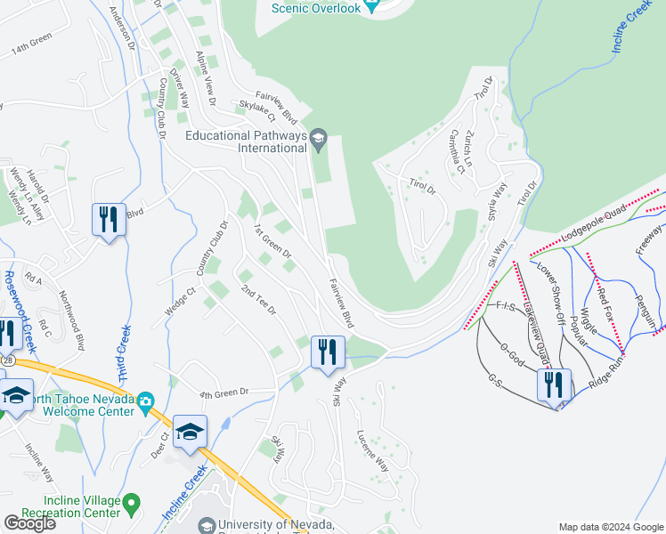 map of restaurants, bars, coffee shops, grocery stores, and more near 387 Fairview Boulevard in Incline Village