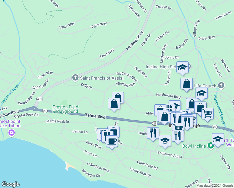 map of restaurants, bars, coffee shops, grocery stores, and more near 410 Winding Way in Incline Village
