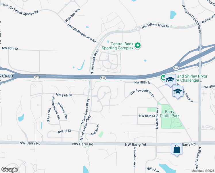 map of restaurants, bars, coffee shops, grocery stores, and more near 3004 Northwest 87th Terrace in Kansas City