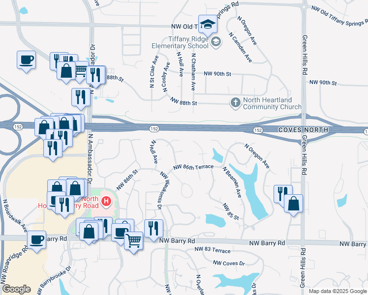 map of restaurants, bars, coffee shops, grocery stores, and more near 8630 North Dawn Avenue in Kansas City