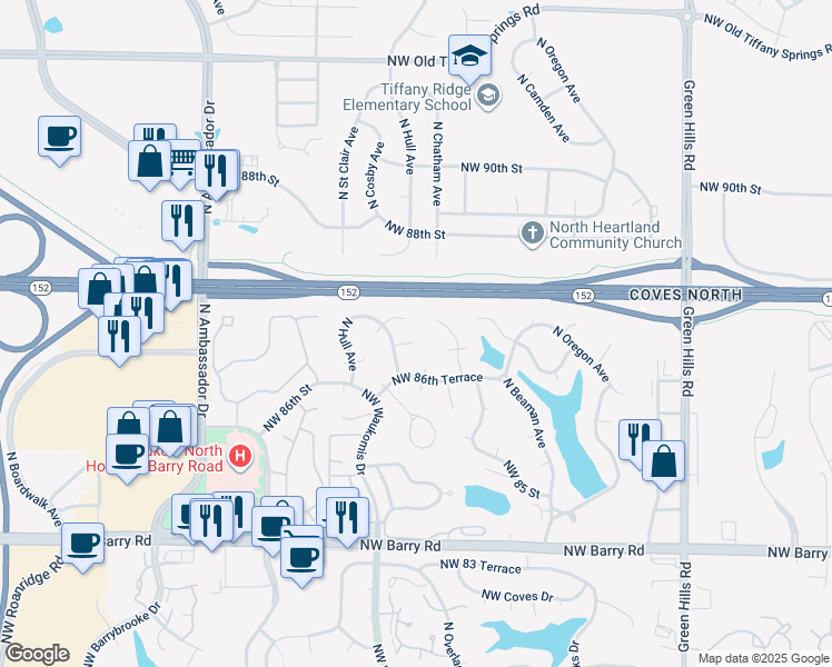 map of restaurants, bars, coffee shops, grocery stores, and more near 8630 North Dawn Avenue in Kansas City