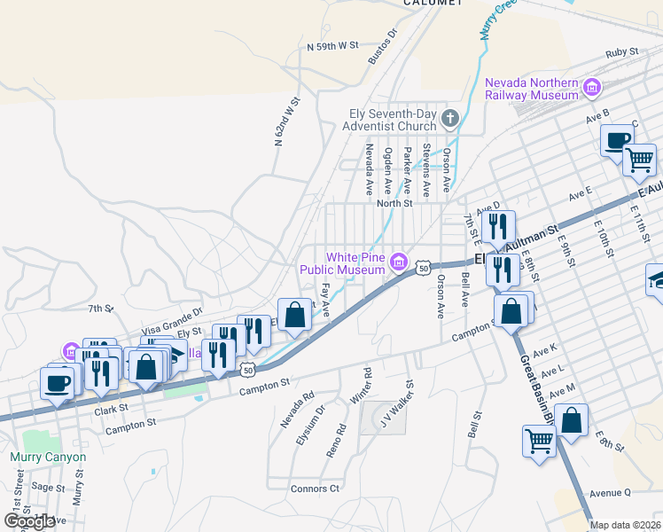 map of restaurants, bars, coffee shops, grocery stores, and more near 244 Fay Avenue in Ely