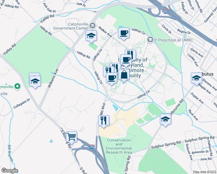 map of restaurants, bars, coffee shops, grocery stores, and more near 1000 Hilltop Circle in Baltimore
