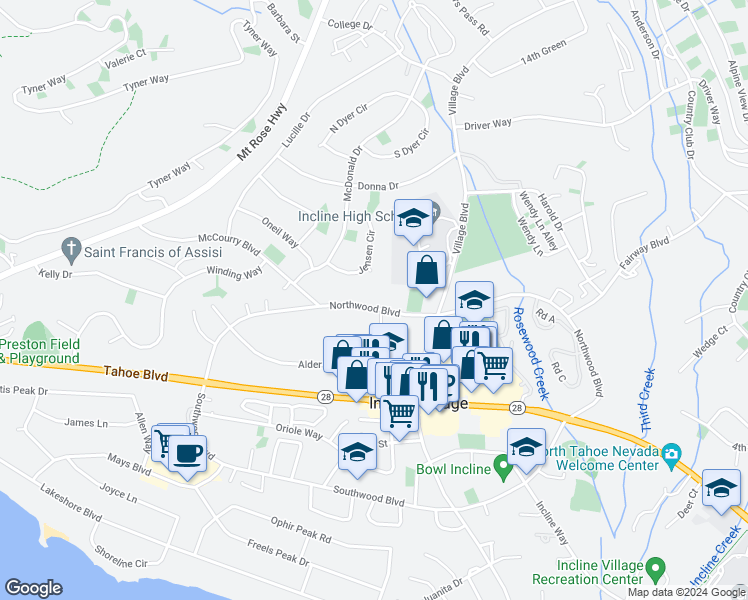 map of restaurants, bars, coffee shops, grocery stores, and more near 866 Northwood Boulevard in Incline Village