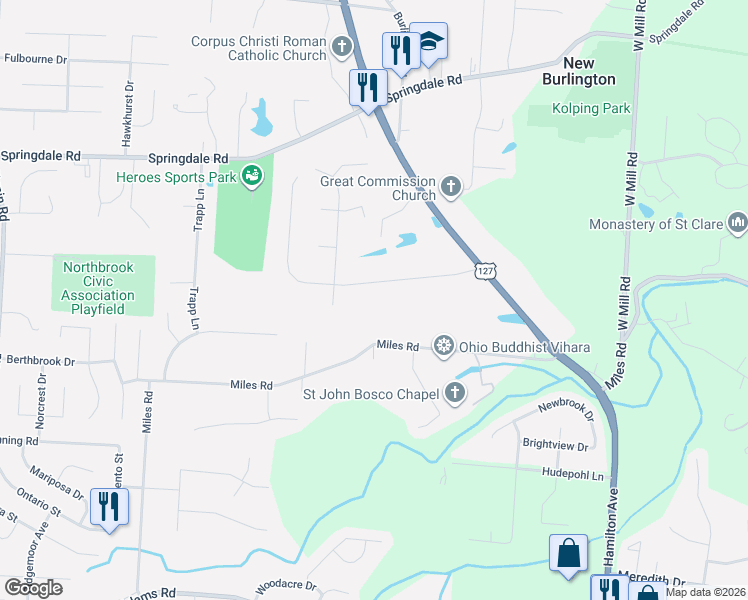 map of restaurants, bars, coffee shops, grocery stores, and more near 1905 Greenpine Drive in Cincinnati