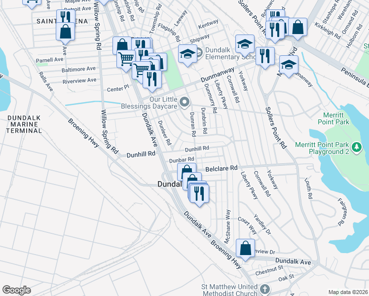 map of restaurants, bars, coffee shops, grocery stores, and more near 6804 Dunhill Road in Dundalk