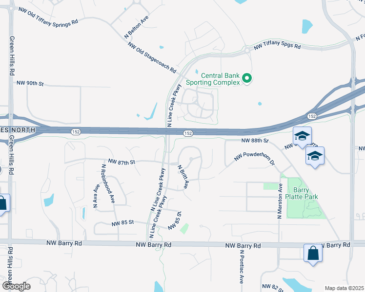 map of restaurants, bars, coffee shops, grocery stores, and more near 3032 Northwest 87th Terrace in Kansas City
