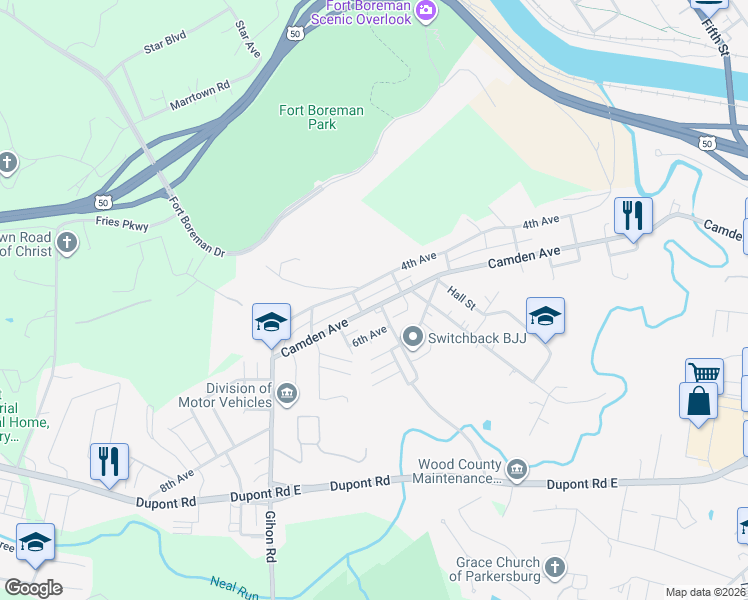 map of restaurants, bars, coffee shops, grocery stores, and more near 710 4th Ave in Parkersburg