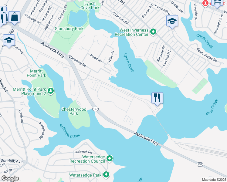 map of restaurants, bars, coffee shops, grocery stores, and more near 8318 Bufflehead Drive in Baltimore
