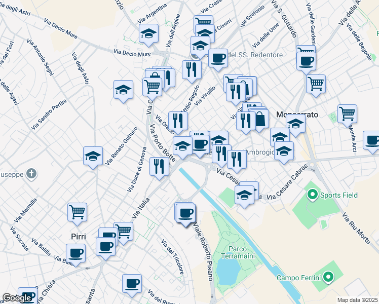 map of restaurants, bars, coffee shops, grocery stores, and more near 20 Via Giulio Cesare in Monserrato