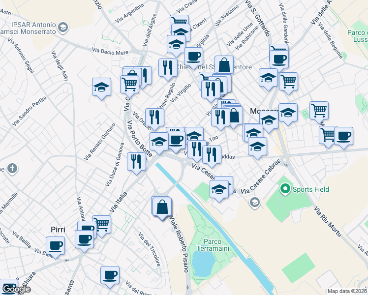 map of restaurants, bars, coffee shops, grocery stores, and more near 3 Via Aureliana in Monserrato