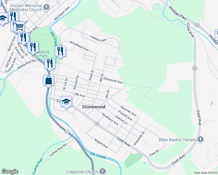 map of restaurants, bars, coffee shops, grocery stores, and more near 502 5th Street in Stonewood