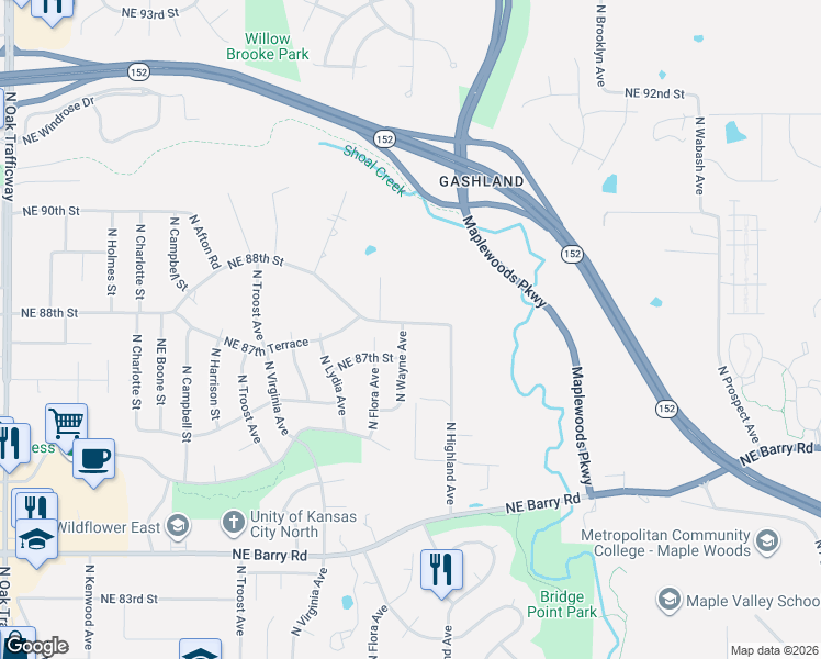 map of restaurants, bars, coffee shops, grocery stores, and more near 8715 North Wayne Avenue in Kansas City