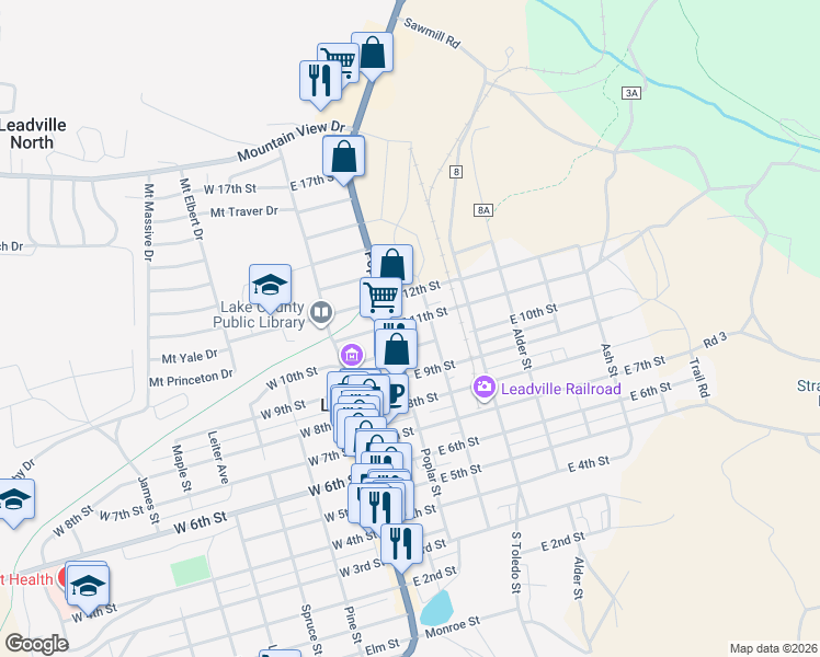 map of restaurants, bars, coffee shops, grocery stores, and more near 228 East 11th Street in Leadville