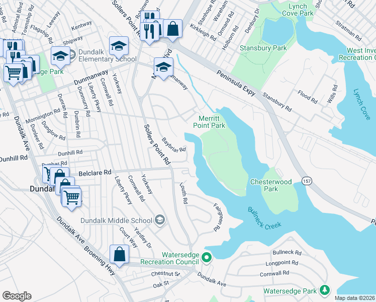 map of restaurants, bars, coffee shops, grocery stores, and more near 3165 Baybriar Road in Dundalk