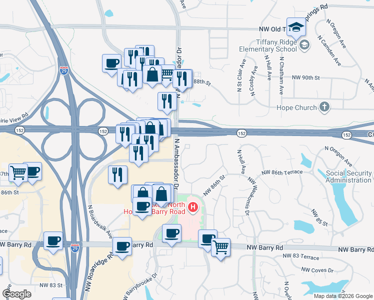 map of restaurants, bars, coffee shops, grocery stores, and more near 8715 North Helena Avenue in Kansas City