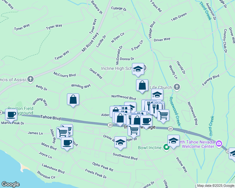 map of restaurants, bars, coffee shops, grocery stores, and more near 866 Northwood Boulevard in Incline Village