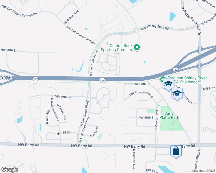 map of restaurants, bars, coffee shops, grocery stores, and more near 3004 Northwest 87th Terrace in Kansas City