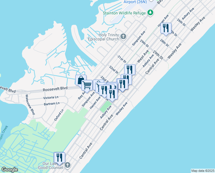 map of restaurants, bars, coffee shops, grocery stores, and more near 3330 Haven Avenue in Ocean City