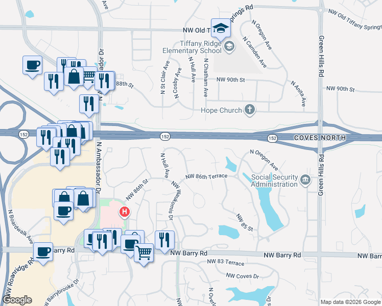 map of restaurants, bars, coffee shops, grocery stores, and more near 5334 Northwest 87th Court in Kansas City