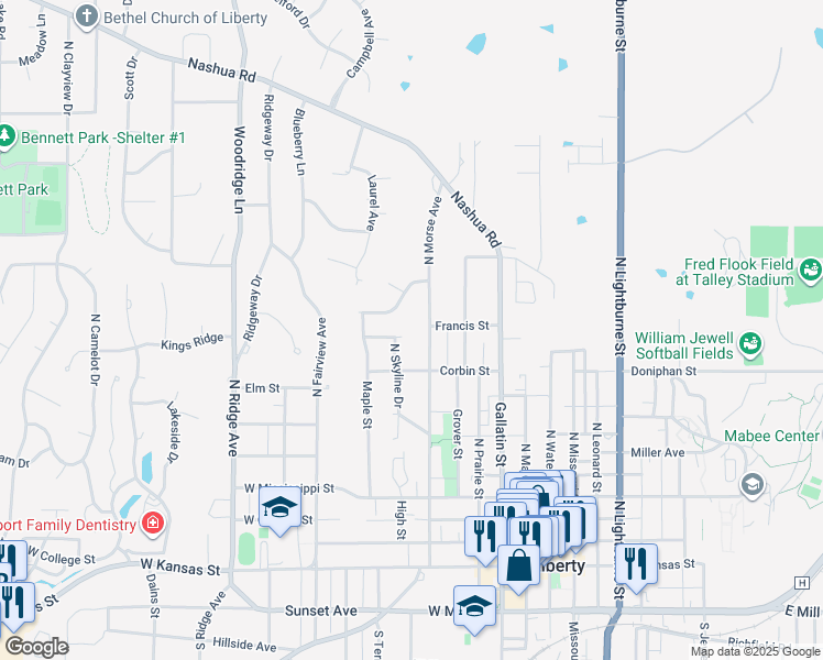 map of restaurants, bars, coffee shops, grocery stores, and more near 602 North Morse Avenue in Liberty