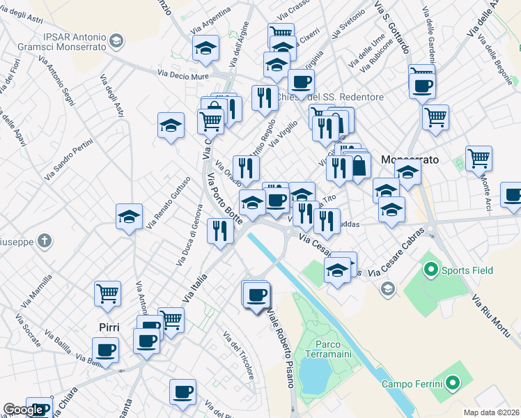 map of restaurants, bars, coffee shops, grocery stores, and more near 20 Via Giulio Cesare in Monserrato