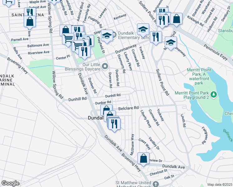 map of restaurants, bars, coffee shops, grocery stores, and more near 7012 Dunhill Road in Dundalk