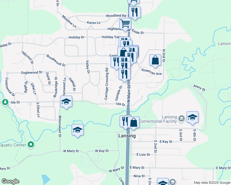 map of restaurants, bars, coffee shops, grocery stores, and more near 210 Gamble Street in Lansing