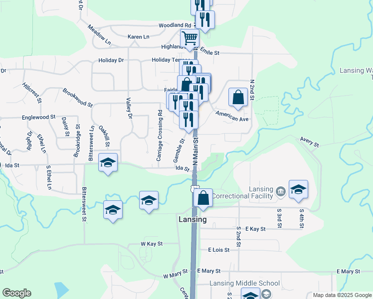 map of restaurants, bars, coffee shops, grocery stores, and more near 211 North Main Street in Lansing