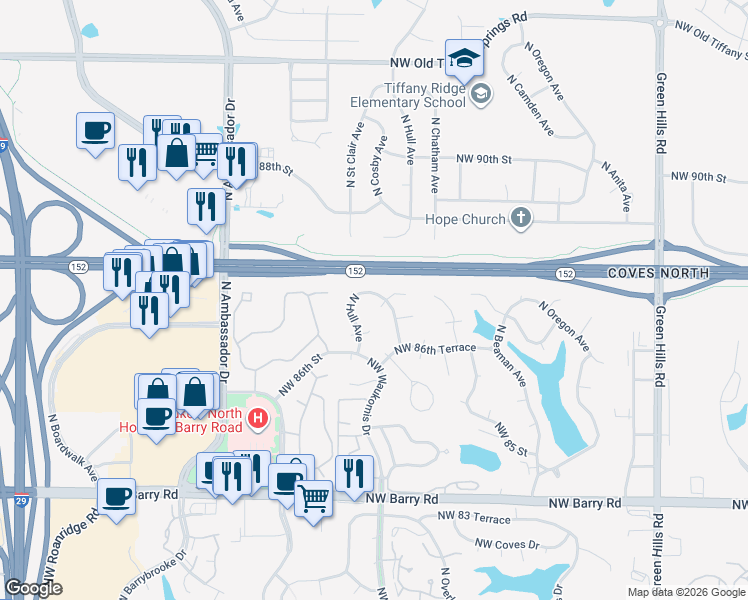 map of restaurants, bars, coffee shops, grocery stores, and more near 8716 North Chatham Avenue in Kansas City