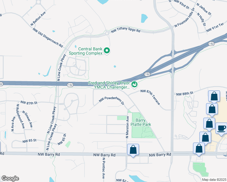 map of restaurants, bars, coffee shops, grocery stores, and more near 2407 Northwest 88th Street in Kansas City