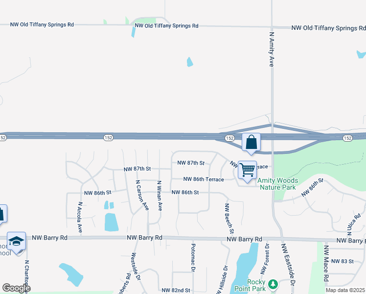 map of restaurants, bars, coffee shops, grocery stores, and more near 9814 Northwest 87th Terrace in Kansas City