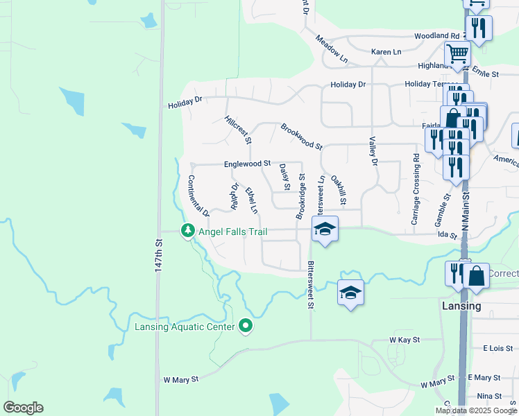 map of restaurants, bars, coffee shops, grocery stores, and more near 105 Ethel Lane in Lansing