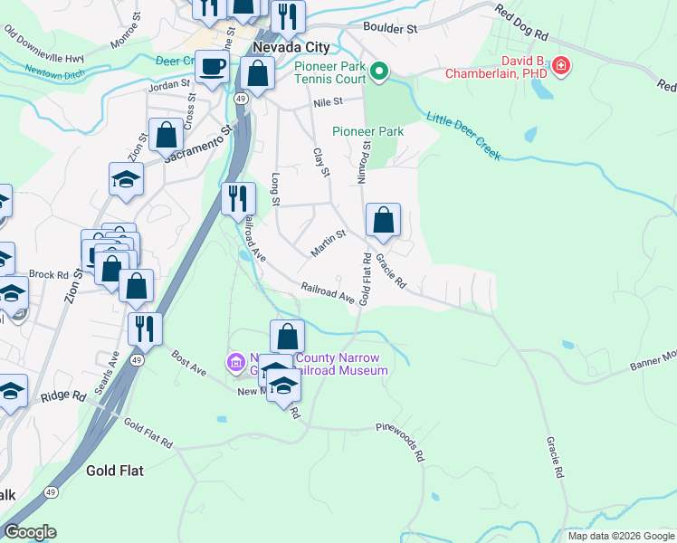 map of restaurants, bars, coffee shops, grocery stores, and more near 105 Woods Court in Nevada City