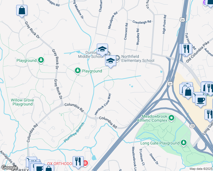 map of restaurants, bars, coffee shops, grocery stores, and more near 4560 Hemlock Cone Way in Ellicott City