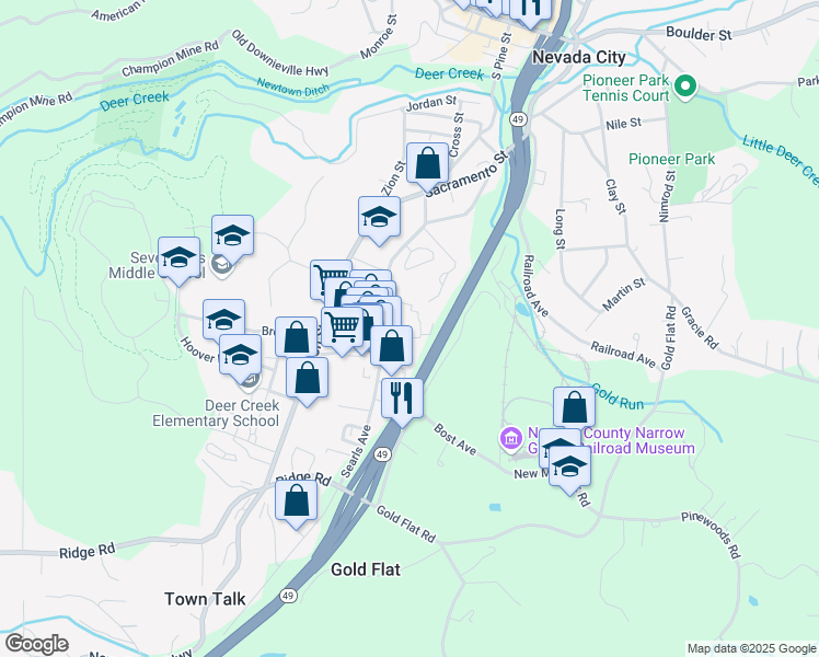 map of restaurants, bars, coffee shops, grocery stores, and more near 529 Searls Avenue in Nevada City