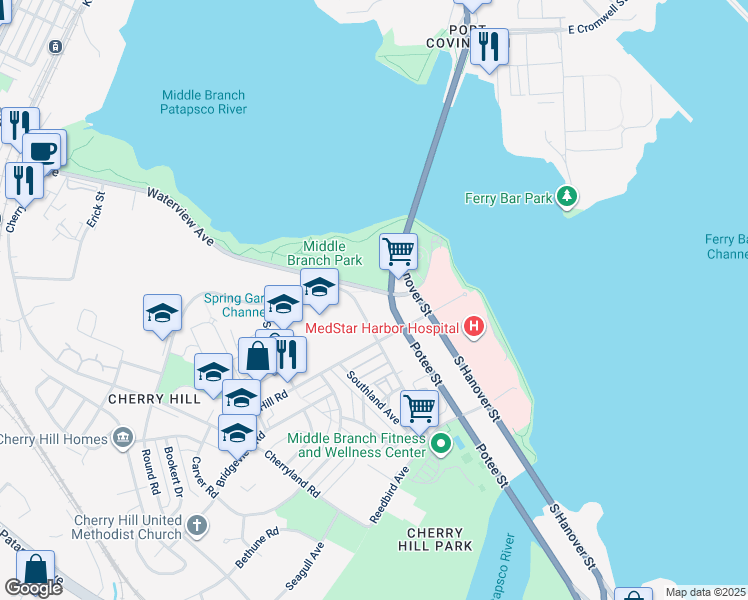 map of restaurants, bars, coffee shops, grocery stores, and more near 2818 Waterview Avenue in Baltimore