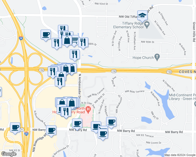 map of restaurants, bars, coffee shops, grocery stores, and more near 5627 Northwest 87 Terrace in Kansas City