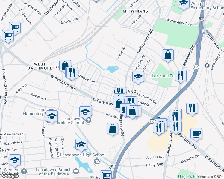 map of restaurants, bars, coffee shops, grocery stores, and more near 2550 Marbourne Avenue in Baltimore