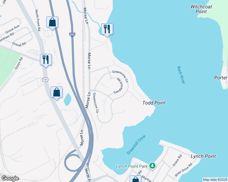 map of restaurants, bars, coffee shops, grocery stores, and more near 4533 Sandwood Road in Sparrows Point