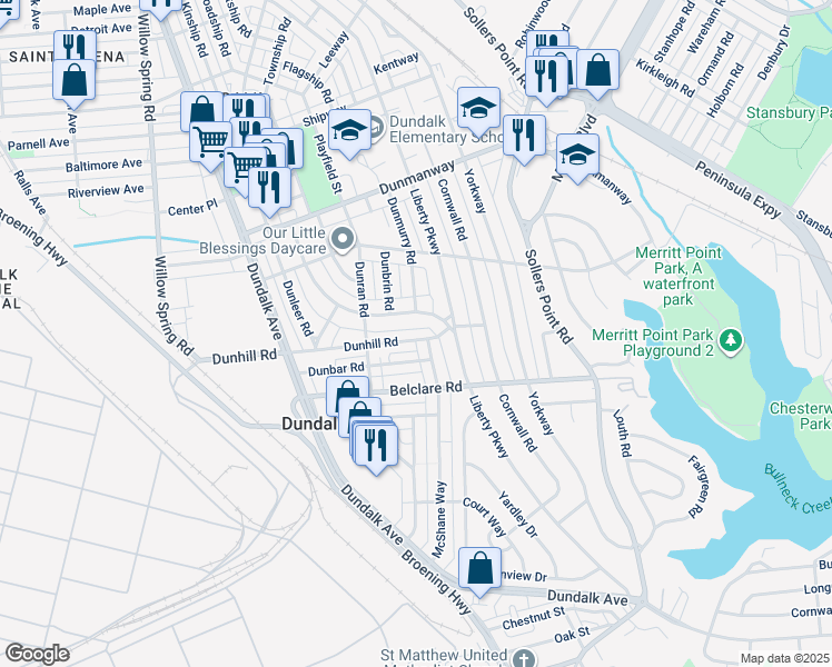 map of restaurants, bars, coffee shops, grocery stores, and more near 7024 Dunhill Road in Dundalk
