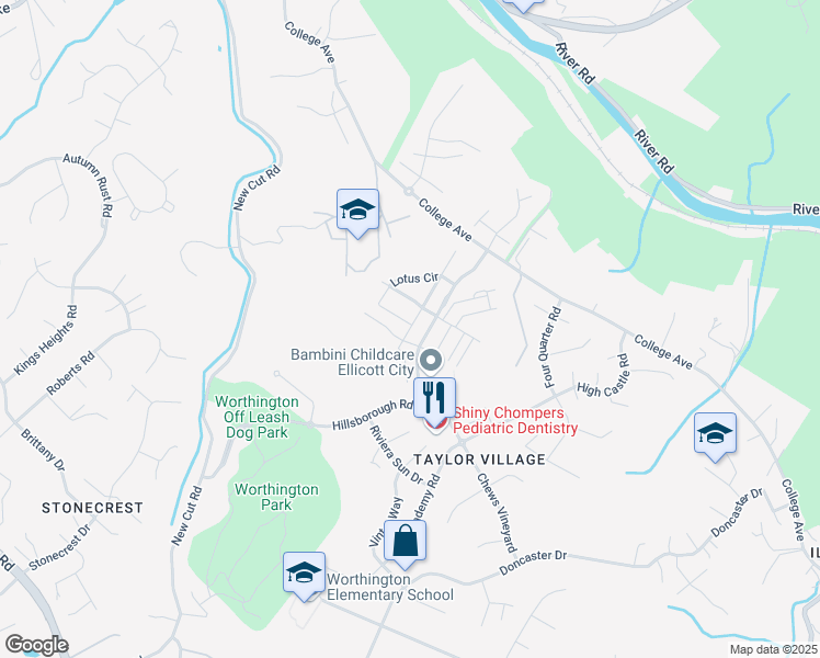 map of restaurants, bars, coffee shops, grocery stores, and more near 4240 Rose Petal Court in Ellicott City