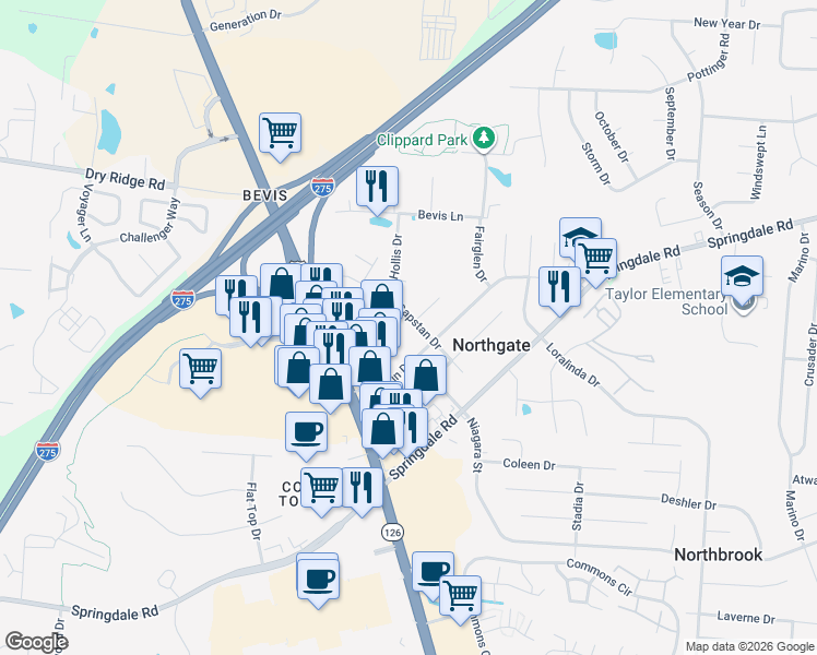 map of restaurants, bars, coffee shops, grocery stores, and more near 9881 Capstan Drive in Cincinnati