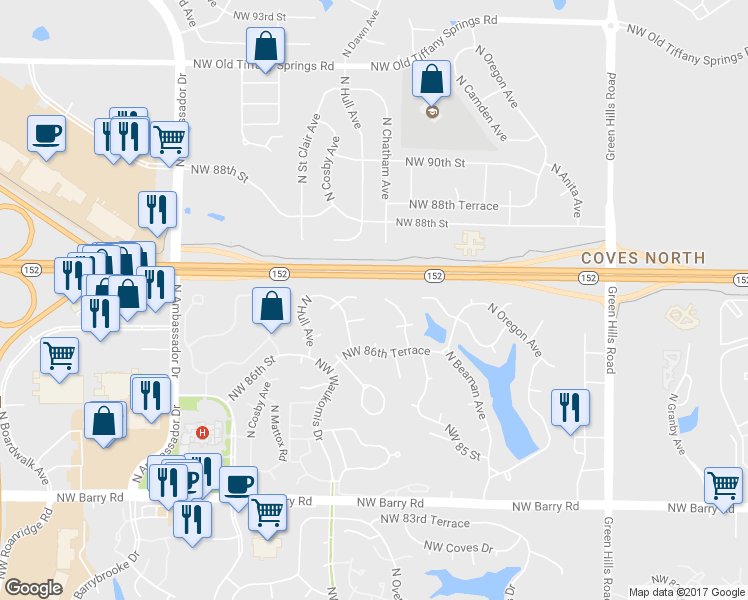 map of restaurants, bars, coffee shops, grocery stores, and more near 8630 North Dawn Avenue in Kansas City